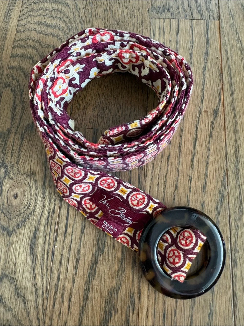 Vera Bradley Maroon Floral Fabric Belt with Tortoiseshell Ring
